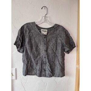 FLAX‎ Women's Petite Gray 100% Linen Button Up Short Sleeve V Neck Top